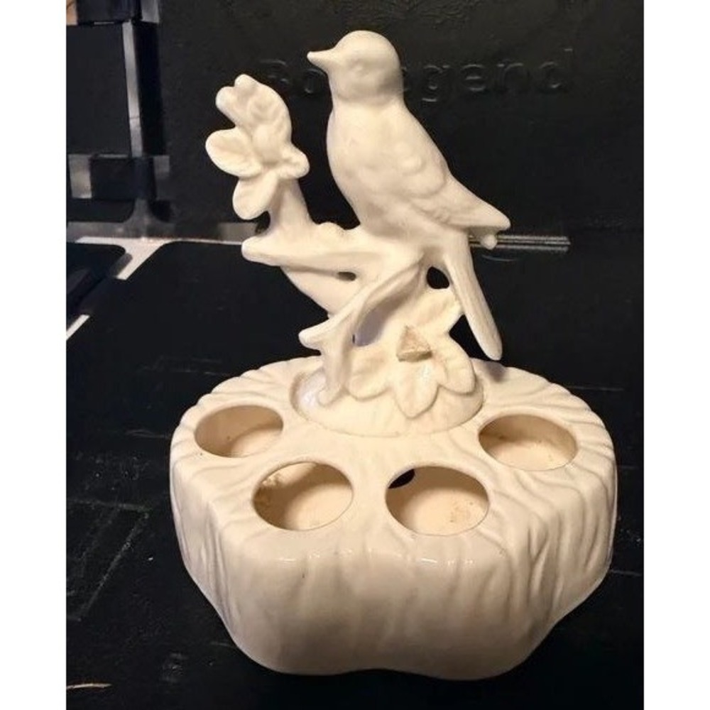Vintage Irice Japan White Porcelain Bird Lipstick Holder Vanity Organizer 4"